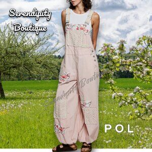 POL Baby Pink Lace Patches Floral Baggy Flare Leg Suspender Overalls Jumper